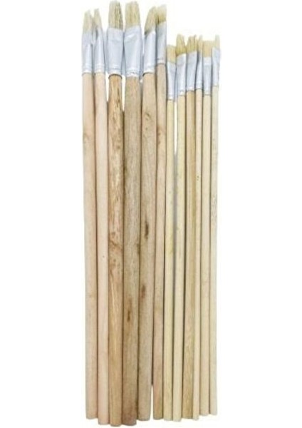 Akrilik & Yağlı Boya Ahşap Sap Doğal Kıl Düz Kesik Fırça Seti 12'li