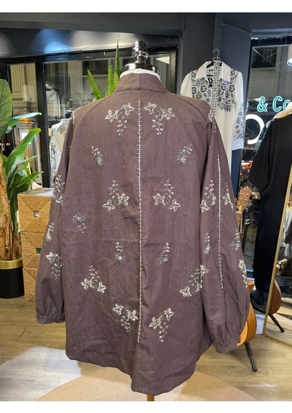 Kadın Taş Işlemeli Uzun Kollu Pamuk Kimono