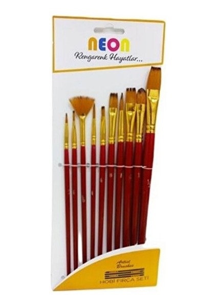 Akrilik & Yağlı & Guaj & Suluboya Fırça Seti 10'lu Yuvarlak ve Yelpaze ve Düz ve Kedi Dili Fırça