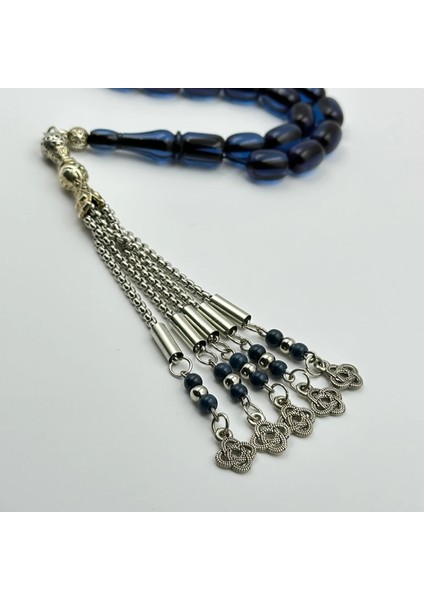 Gece Safiri Renginde Şeffaf Mavi Sıkma Kehribar Gümüş Dizaynlı Özel Üretim Tespih