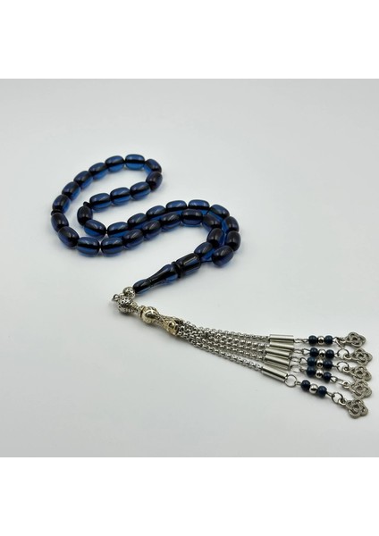 Gece Safiri Renginde Şeffaf Mavi Sıkma Kehribar Gümüş Dizaynlı Özel Üretim Tespih fiyatları