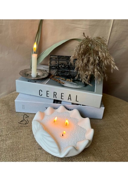 Deniz Kabuğu Şeklinde Dekoratif Tabak/mumluk Inci Toz Mum Dahil 17-15 cm