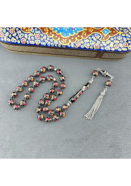 Mercan ve Gümüş Işlemeli Oltu Taşı Tespih