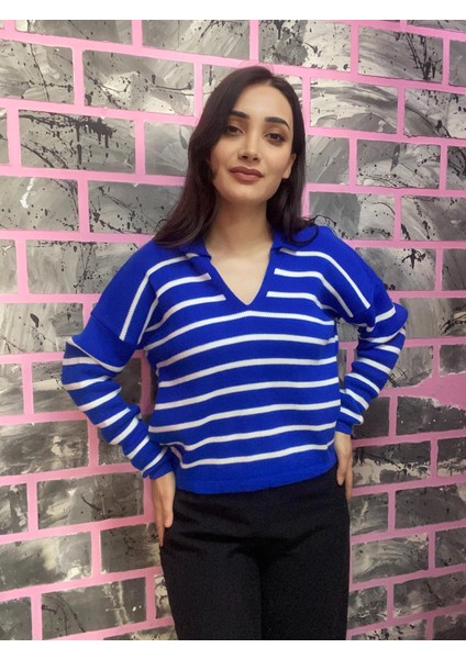 Polo Yaka Triko Çizgili Kazak