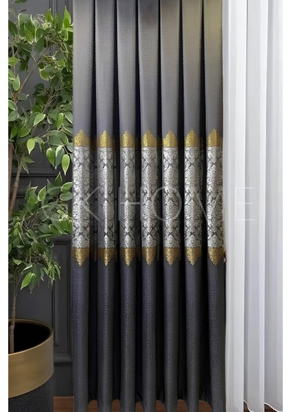 Pano Fon Perde Koyu Gri Damask Çiçek Desenli Fon Perde Sık Pile 1/3 Tek Kanat fırsatları