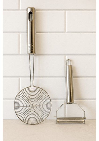 Paslanmaz Çelik Kevgir + Soyacak Patates Kabak Sebze Kızartma Kevgiri, Metal Saplı Kevgir