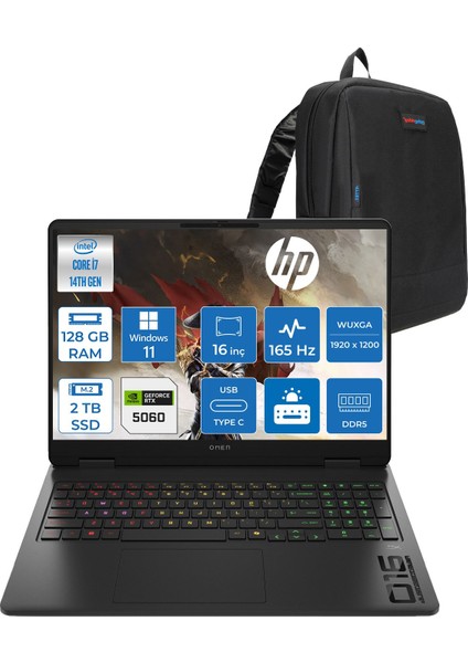 Omen 16-AM0016NT Intel Core I7 14650HX 128GB Ddr5 2tb SSD RTX5060 Gddr7 8gb Windows 11 Home 16 Inç Wuxga (1920 x 1200) 165HZ 3ms 400NIT 100% Srgb Taşınabilir Bilgisayar WBQ3R2EAH45 + Zetta Çanta