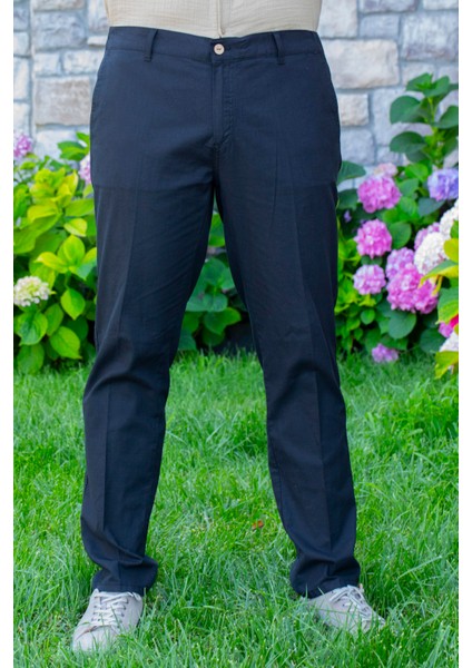 Flamlı Pamuk Düğmeli Erkek Yazlık Pantolon Lacivert Lcvt