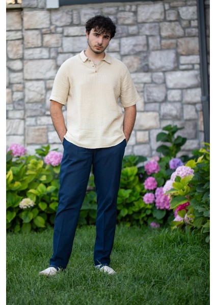 Flamlı Pamuk Düğmeli Erkek Yazlık Pantolon Lacivert Lcvt fırsatları