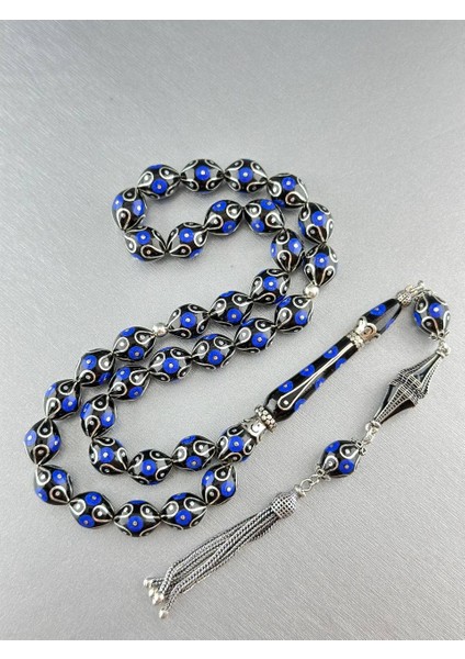 Erzurum Has Oltu Taşı Firuze ve Gümüş Işlemeli Tesbih