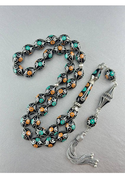 Erzurum Has Oltu Taşı Firuze ve Gümüş Işlemeli Tesbih