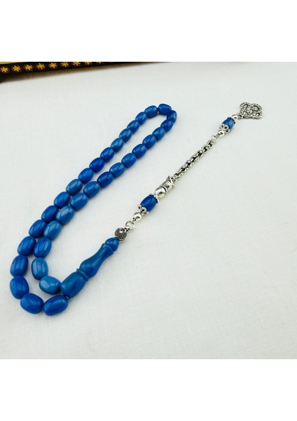 Mavi Çubuk Hareli Sıkma Kehribar Bilek Boy Usta Yapımı Tespih