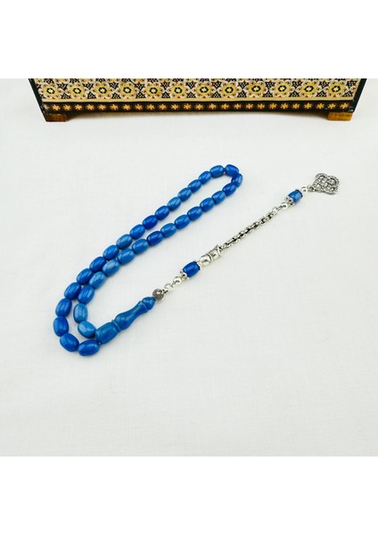 Mavi Çubuk Hareli Sıkma Kehribar Bilek Boy Usta Yapımı Tespih modelleri