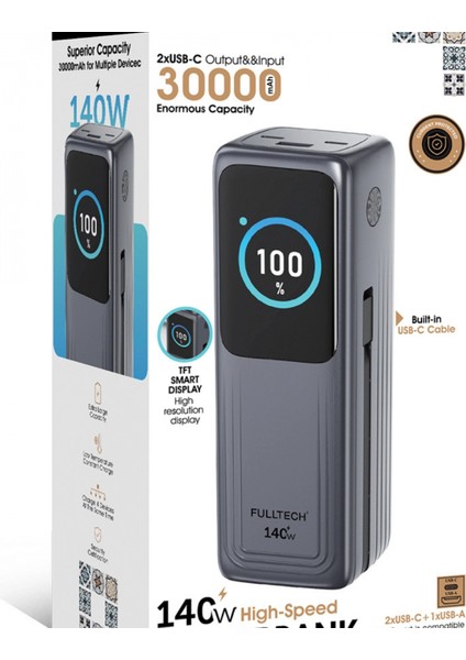 Fulltech FP34 140W Süper Hızlı Powerbank | 30000mAh Yüksek Kapasiteli | PD & QC 3.0 Destekli Akıllı Ekranlı Taşınabilir Şarj Cihazı
