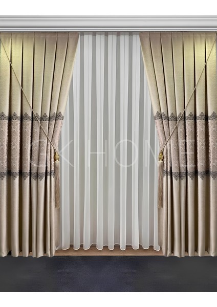 Pano Fon Perde Krem Damask Çiçek Desenli Fon Perde Sık Pile 1/3 Tek Kanat