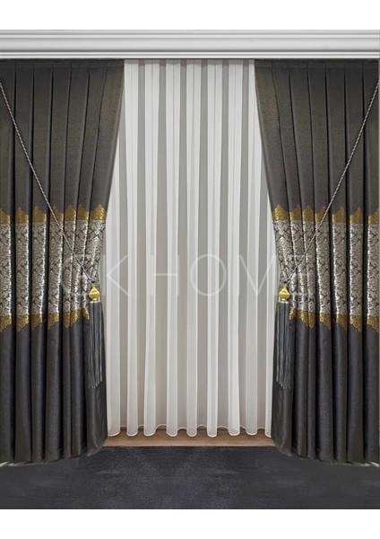 Pano Fon Perde Koyu Gri Damask Çiçek Desenli Fon Perde Sık Pile 1/3 Tek Kanat