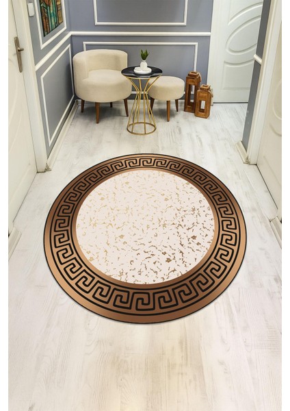 Yuvarlak Dijital Baskı Çerçeveli Modern Desenli Kaymaz Tabanlı Halı H0308