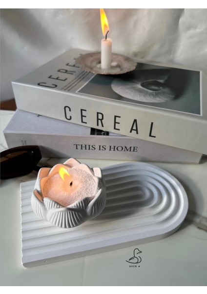 Çizgili Dekoratif Tabak ve Lotus Çiçek Inci Tozlu Mumluk fiyatları