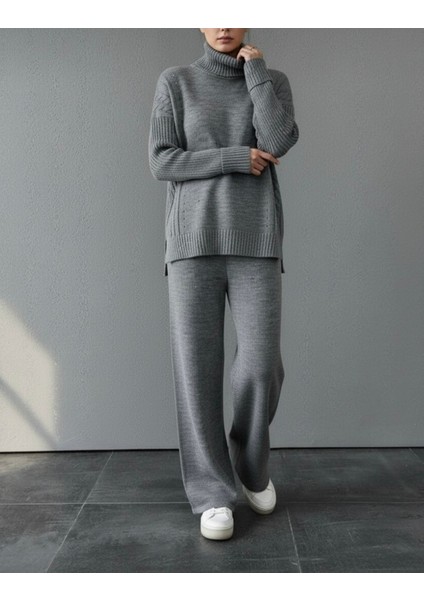 Kadın Fitilli Yaka Saç Örgü Desenli Yanlardan Yırtmaçlı Triko Takım Antrasit fiyatları