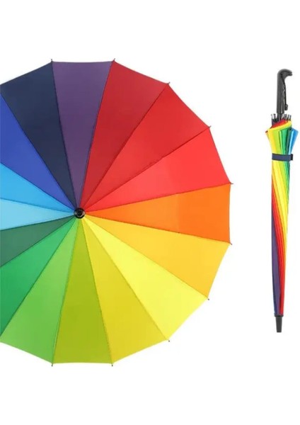 Düz Saplı Otomatik Gökkuşağı Boston Kadın Şemsiye 16 Tel