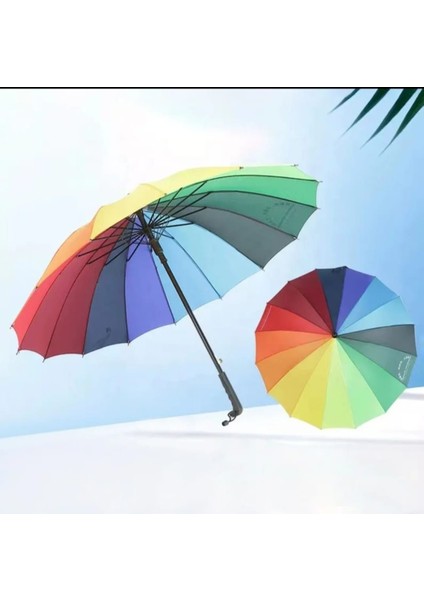 Düz Saplı Otomatik Gökkuşağı Boston Kadın Şemsiye 16 Tel modelleri