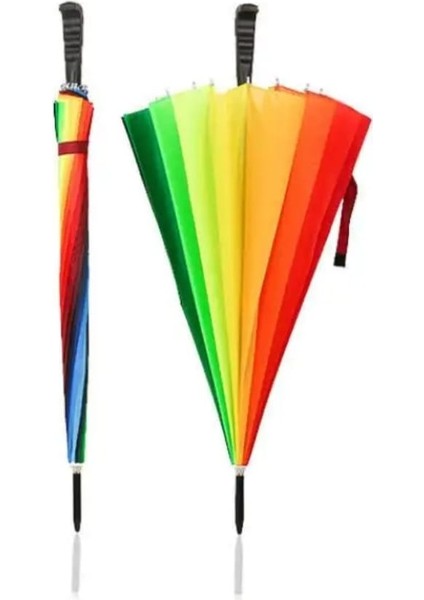 Düz Saplı Otomatik Gökkuşağı Boston Kadın Şemsiye 16 Tel fırsatları