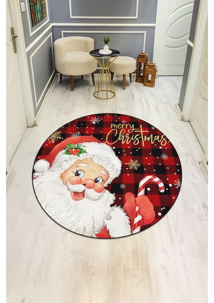 Noel Baba Desenli Yuvarlak Dijital Baskı Kaymaz Tabanlı Halı H0323