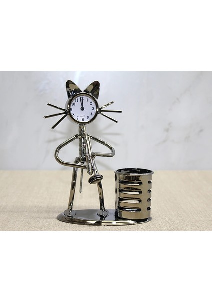 Metal Saksafon Çalan Kedi Müzisyen Saat ve Kalemlik LIV546