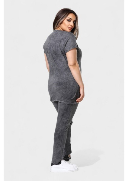 Büyük Beden Kadın Taş Detaylı Yıkamalı Ikili Takım - Koyu Gri fiyatları