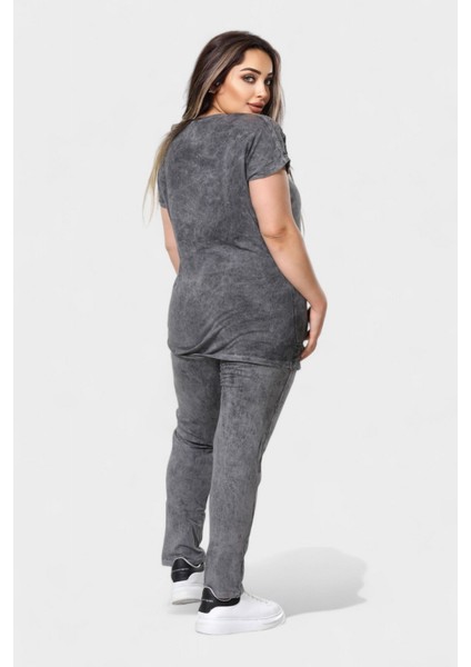 Büyük Beden Kadın Taş Detaylı Yıkamalı Ikili Takım - Koyu Gri modelleri