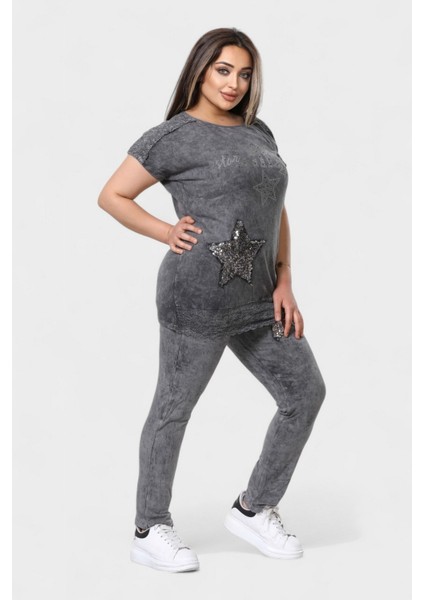 Büyük Beden Kadın Taş Detaylı Yıkamalı Ikili Takım - Koyu Gri fırsatları
