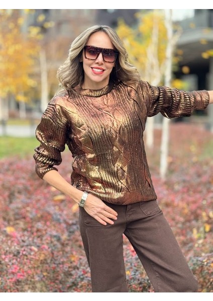 Bronz Varaklı Saç Örgü Kazak