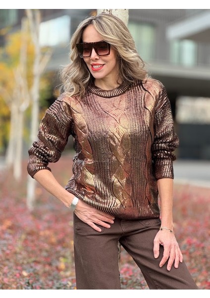 Bronz Varaklı Saç Örgü Kazak fiyatları