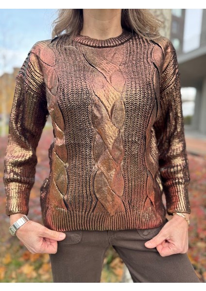 Bronz Varaklı Saç Örgü Kazak modelleri