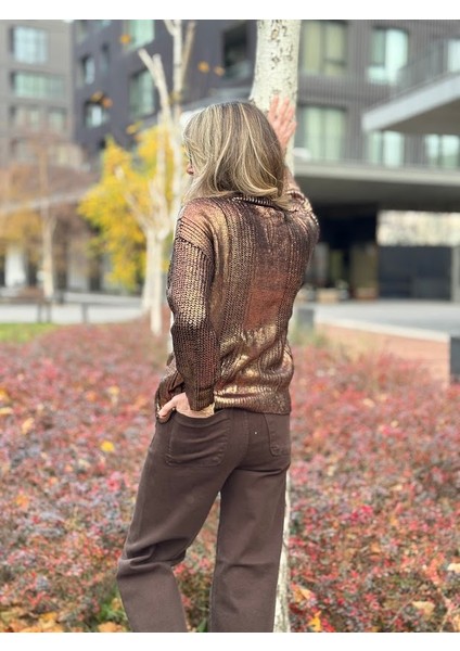 Bronz Varaklı Saç Örgü Kazak indirimleri