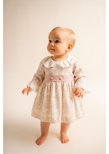 Kız Bebek Çiçek Desenli Ekru Renk Zarif Elbise %100 Pamuklu