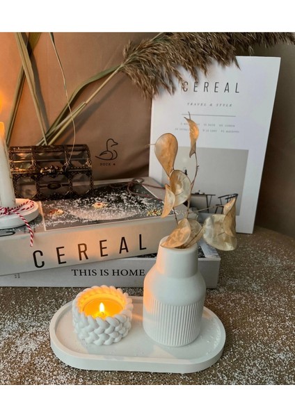 Dekoratif Çizgili Vazo ve Örgü Görünümlü Mumluk Set modelleri