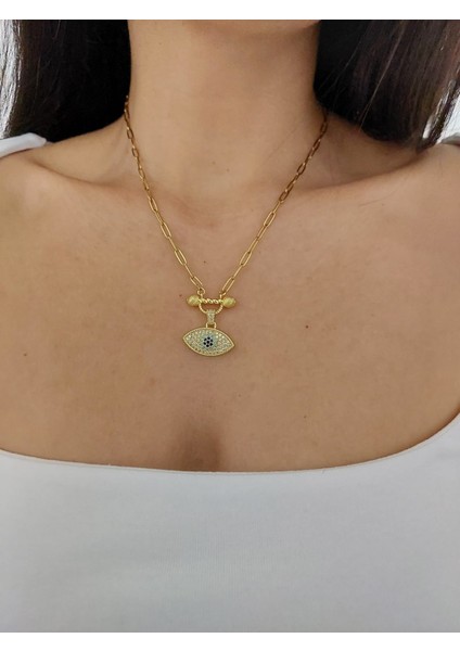 Çelik Zirkon Taşlı Göz Kolye