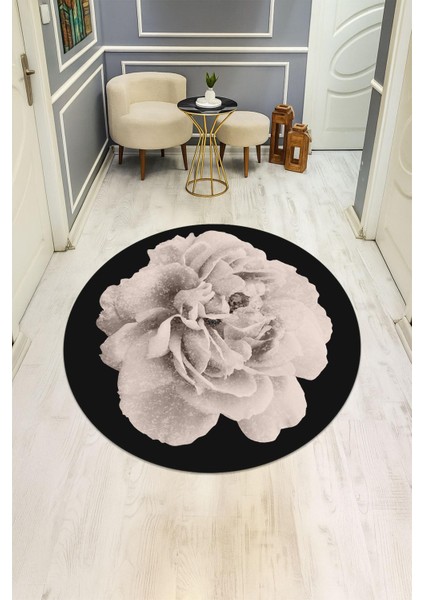 Yuvarlak Dijital Baskı Gül Desenli Dot Kaymaz Tabanlı Halı H0314