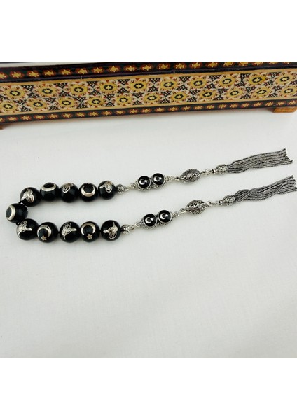 Has Erzurum Oltu Taşı Zaza Tespih | Gümüş Telkâri Işlemeli Ay Yıldız ve Osmanlı Tuğralı