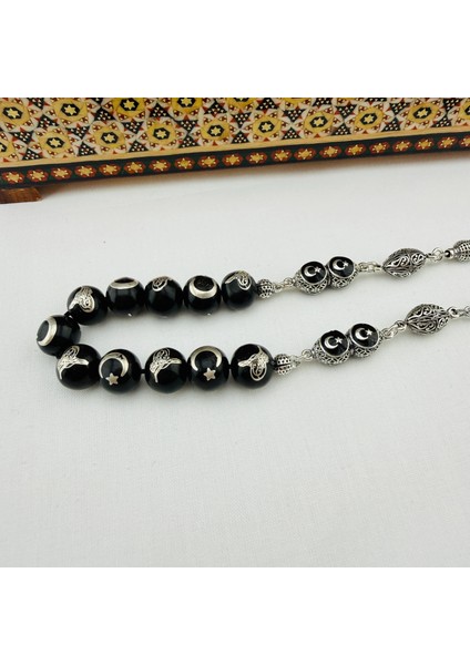 Has Erzurum Oltu Taşı Zaza Tespih | Gümüş Telkâri Işlemeli Ay Yıldız ve Osmanlı Tuğralı fiyatları