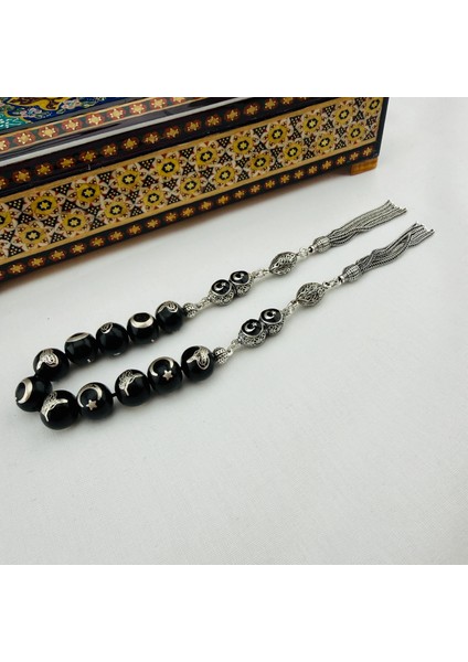 Has Erzurum Oltu Taşı Zaza Tespih | Gümüş Telkâri Işlemeli Ay Yıldız ve Osmanlı Tuğralı modelleri