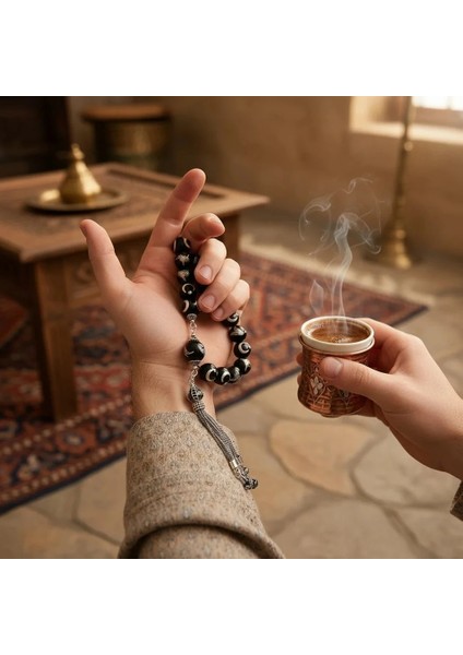 Has Erzurum Oltu Taşı Zaza Tespih | Gümüş Telkâri Işlemeli Ay Yıldız ve Osmanlı Tuğralı fırsatları