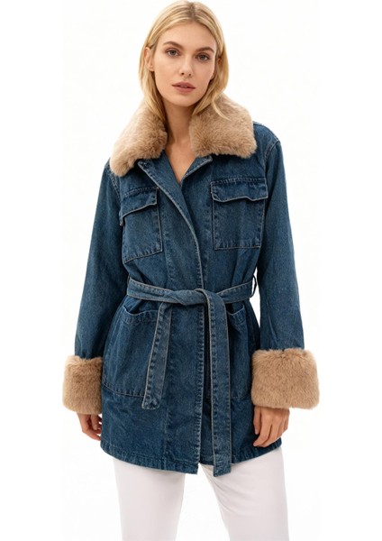 3500 Kürklü Kot Ceket Mavi