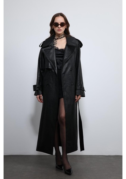 Siyah Dokulu Suni Deri Trençkot fiyatları