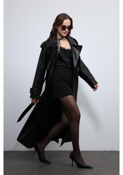 Siyah Dokulu Suni Deri Trençkot modelleri