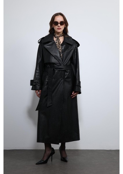 Siyah Dokulu Suni Deri Trençkot