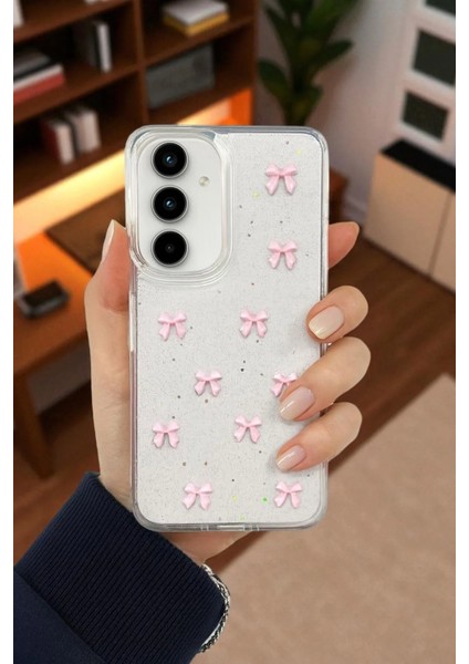 Samsung A16 Uyumlu – Pembe Fiyonk Desenli, Parlak Simli, Şeffaf Yumuşak Silikon Kılıf