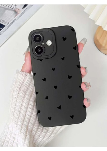 Iphone 17 Uyumlu Kılıf Mat Siyah Kalp Desenli Darbelere Dayanıklı Yumuşak Kamera Korumalı Kapak