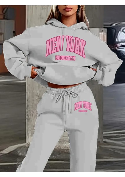New York Brooklyn Pembe Baskılı Kadınlar Spor Seti, Polyester Casual Knit Kumaş, Bol Kapüşonlu